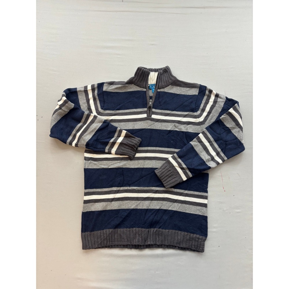 The Childrens Place Boys XL 14 Quarter Zip Striped Sweater Navy Blue Grey White